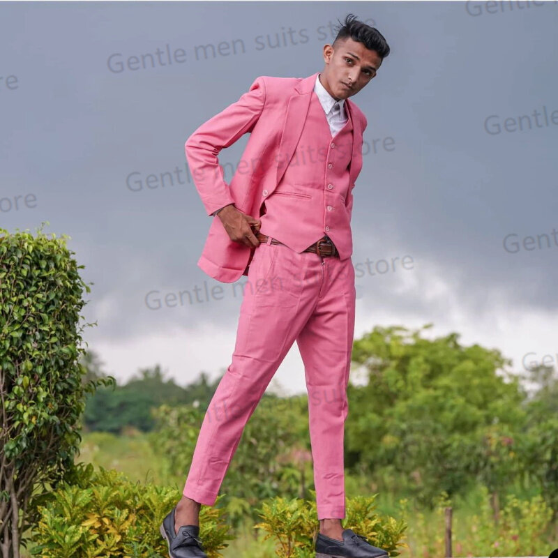 Setelan pakaian pria merah muda 3 potong, Blazer + rompi + celana, jas tuksedo pernikahan pengantin pria, jaket musim semi Formal kantor bisnis model kustom