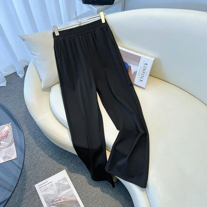 Celana panjang longgar wanita, bawahan pinggang tinggi warna Solid kaki lebar gaya Korea ukuran besar longgar kasual berkobar 2024