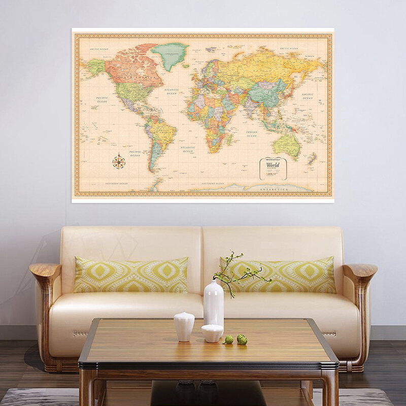 150*90cm The World Political Map Classic Vintage Non-woven Canvas Painting Wall Art Poster for Home Decor School Supplies