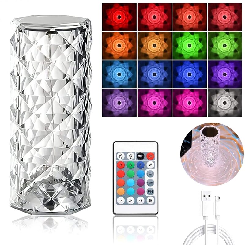 Lámpara LED de mesa de cristal, proyector de luz Rosa táctil, luz de ambiente de diamante romántico, USB, 3/16 colores, luz nocturna para dormitorio