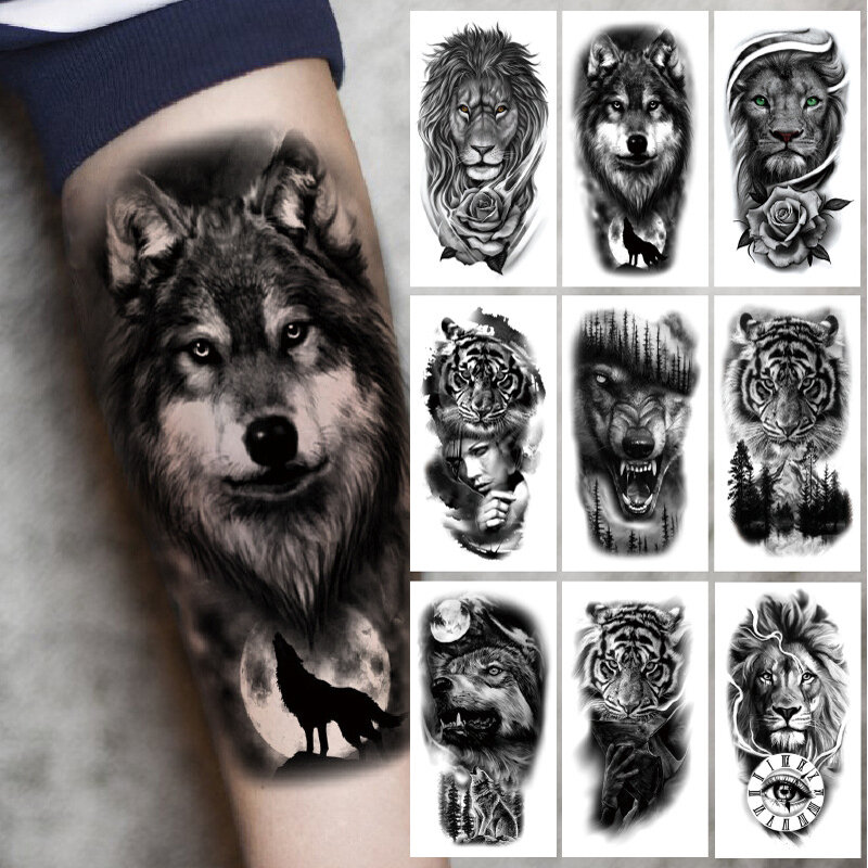Autocollants de tatouage temporaire imperméables pour hommes et femmes, faux tatouage, manchon supérieur du bras, couronne discutant, tigre, tête de loup, art corporel
