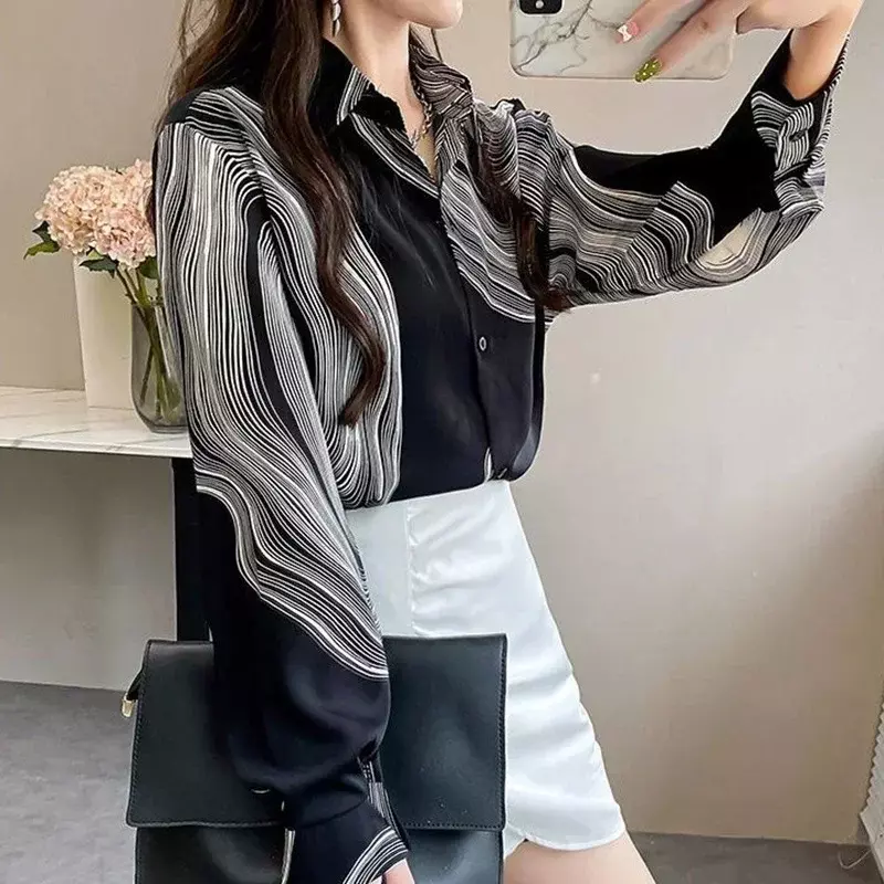 Blusa feminina listrada de chiffon, elegante camisa lapela, tops de manga lanterna, botões femininos soltos, blusa de escritório, moda 2022