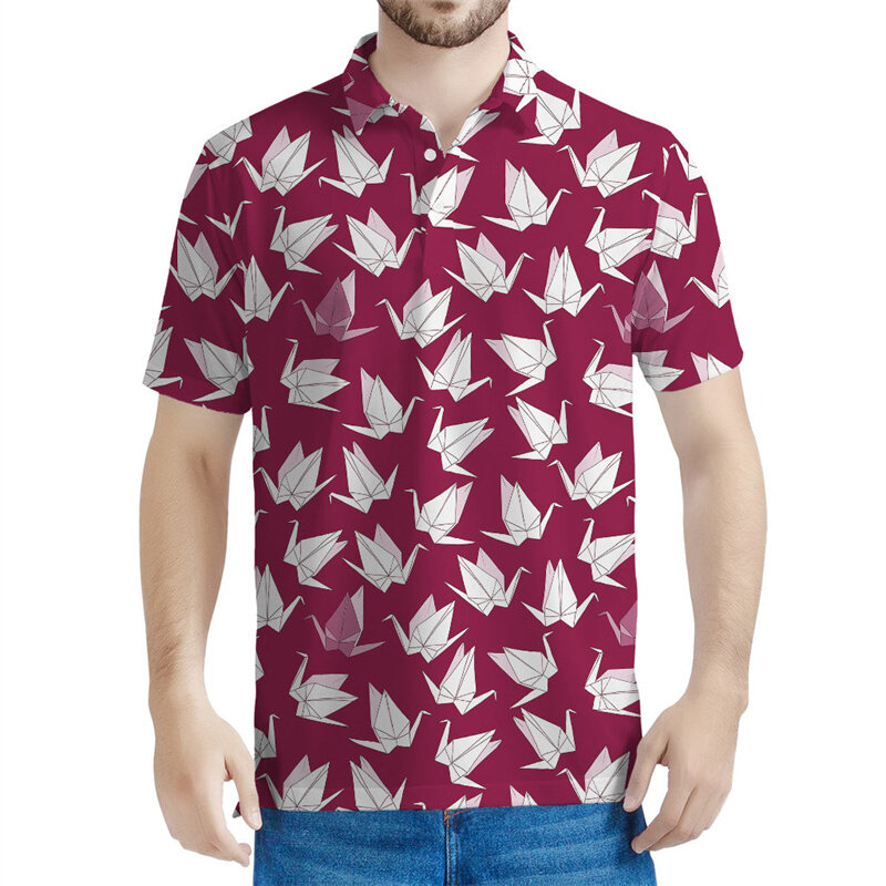 Polo à motif d'oiseau origami coloré pour hommes, t-shirt imprimé en 3D, t-shirt à revers décontracté, manches courtes, été