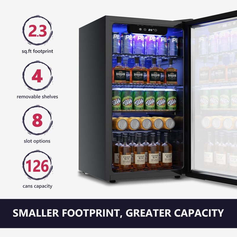 Refrigerador de bebidas com prateleiras removíveis ajustáveis, Mini refrigerador com porta de vidro autônoma, 126 pode refrigerador