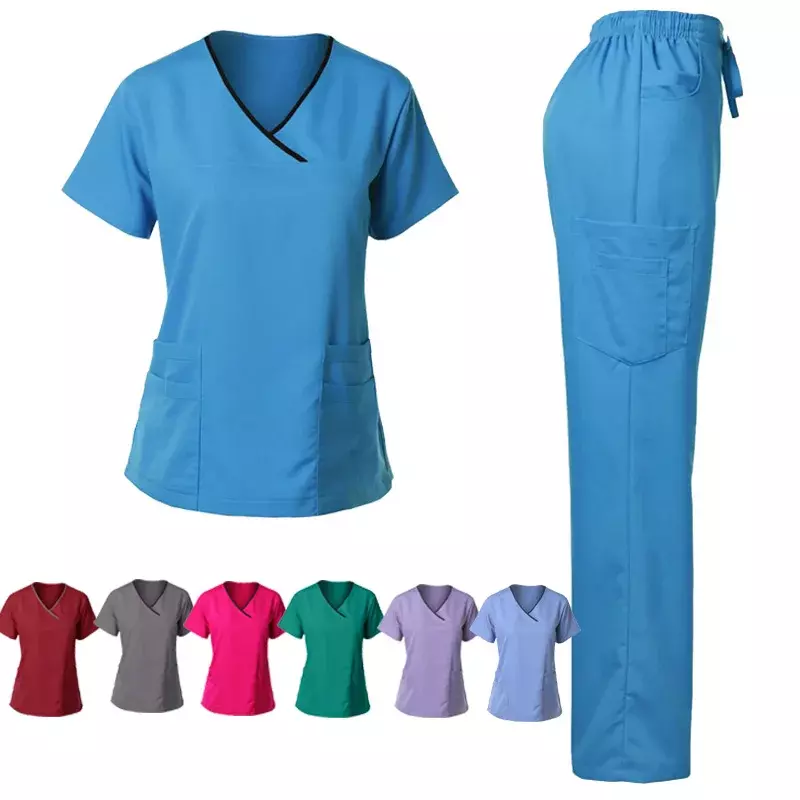 여성용 멀티 컬러 스크럽 유니폼 세트, 반팔 상의 및 바지, 간호 유니폼, 의사 스크럽 의료 수술 작업복, 도매