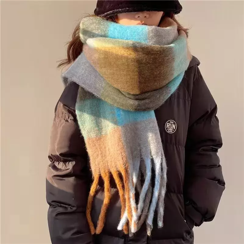 Mohair Color Matching Cashmere Tassel Shawl Lovers Neckband Rainbow Plaid Scarf  Winter Warm Thickened Vintage Accessories