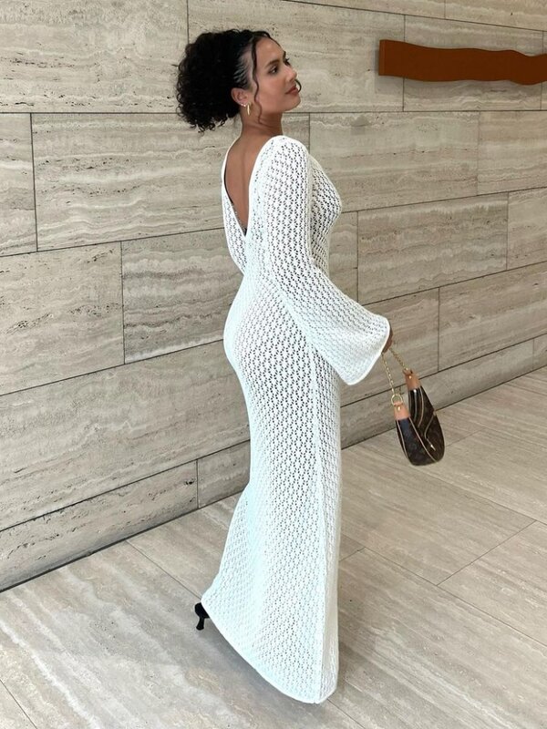 Tossy gaun Maxi penutup modis rajut putih gaun liburan pantai berongga leher-v tembus pandang untuk wanita gaun rajut punggung terbuka