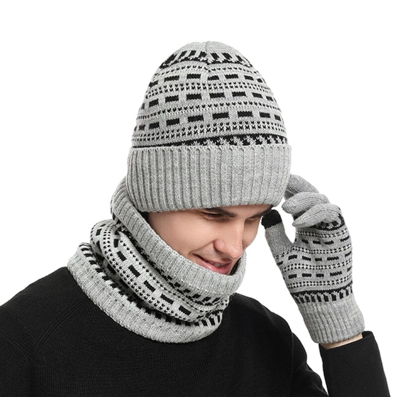 estilo 3 peças jacquard padrão chapéu luvas pescoço conjunto polaina malha grossa terno quente para adulto