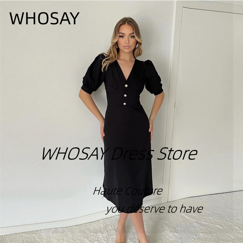 WHOSAY Tea Length Short Prom Dresses V Neck Buttons Cocktail Party Night Club Gowns Half Sleeves Evening Dresss