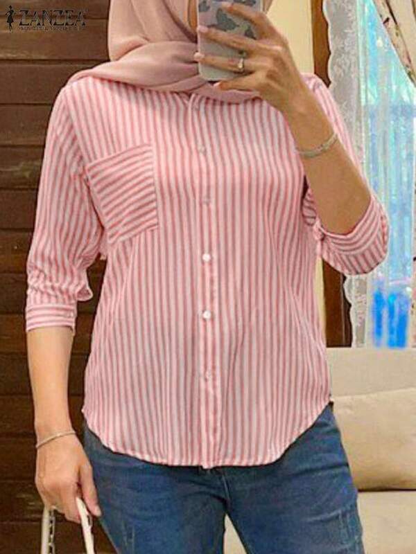 ZANZEA-camisa a rayas de manga 3/4 para mujer, Tops musulmanes informales, blusa de trabajo Vintage con botones, Blusas de Dubái y Turquía