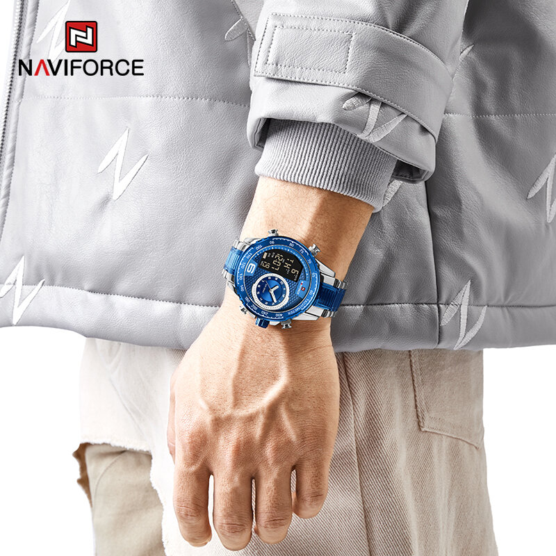 NAVIFORCE luksusowa marka nowy zegarek dla mężczyzn ze stali nierdzewnej podwójny wyświetlacz zegarki kwarcowe wodoodporny wojskowy sport męski zegar