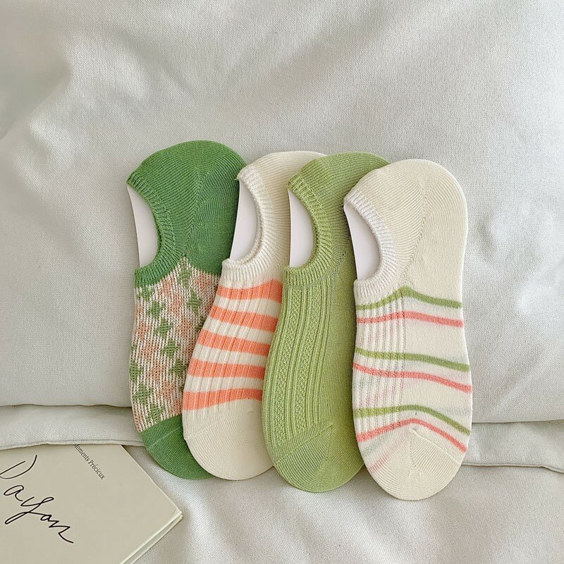 Ankle Socks Woman Stripe Print Comfortable Trendy Breathable Versatile Invisible Heel Women's No-show Socks C118