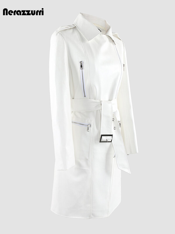 Nerazzurri primavera Cool bello lungo bianco Pu giacca da motociclista in pelle donna cintura con cerniera autunno 2023 moda europea abbigliamento donna