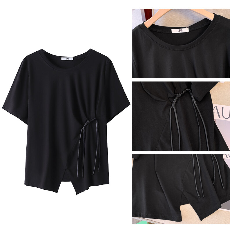 Camiseta casual de verão feminina, tamanho positivo, preto e branco, tecido de algodão, confortável, respirável, estilo chinês, design assimétrico