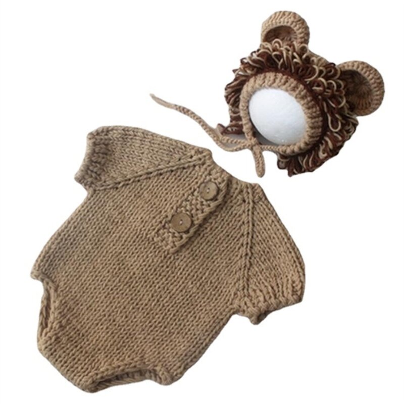Baby Photo Costume Hat & Bodysuit Outfit Newborns Photo Props Photoshoot Jumpsuits Infant Skin-Friendly Lion Suit Romper