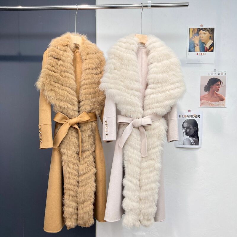 Casaco de lã dupla face para mulheres, pele longa de raposa, pescoço polo grande, aba da porta, novo, outono e inverno, 2023