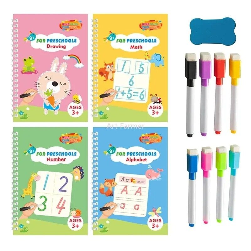 Buku tulis ajaib, mainan menulis Montessori, buku tulis kaligrafi ajaib, dapat digunakan kembali untuk belajar anak-anak