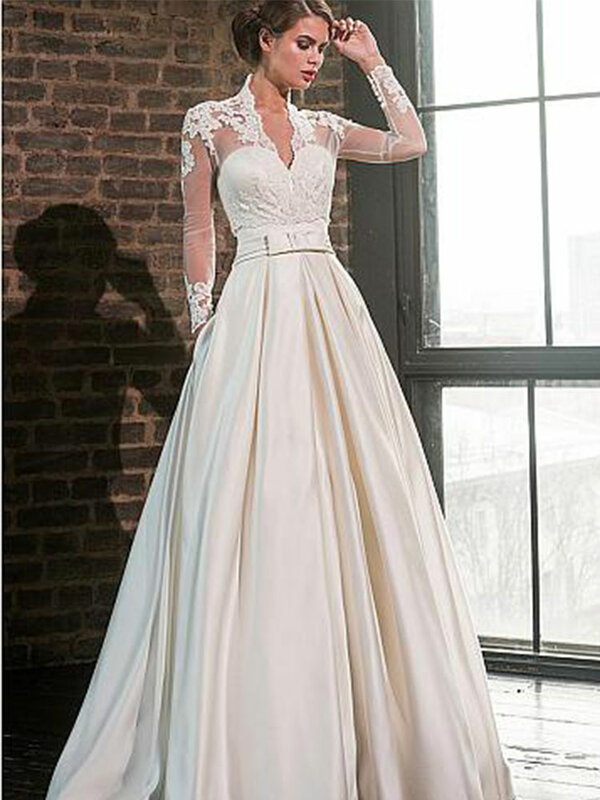 Elegante Brautkleider Lange Ärmel Spitze Satin mit Taschen Hochzeit Kleider Braut Kleid Vintage 2022 Anpassen Robe De Mariee