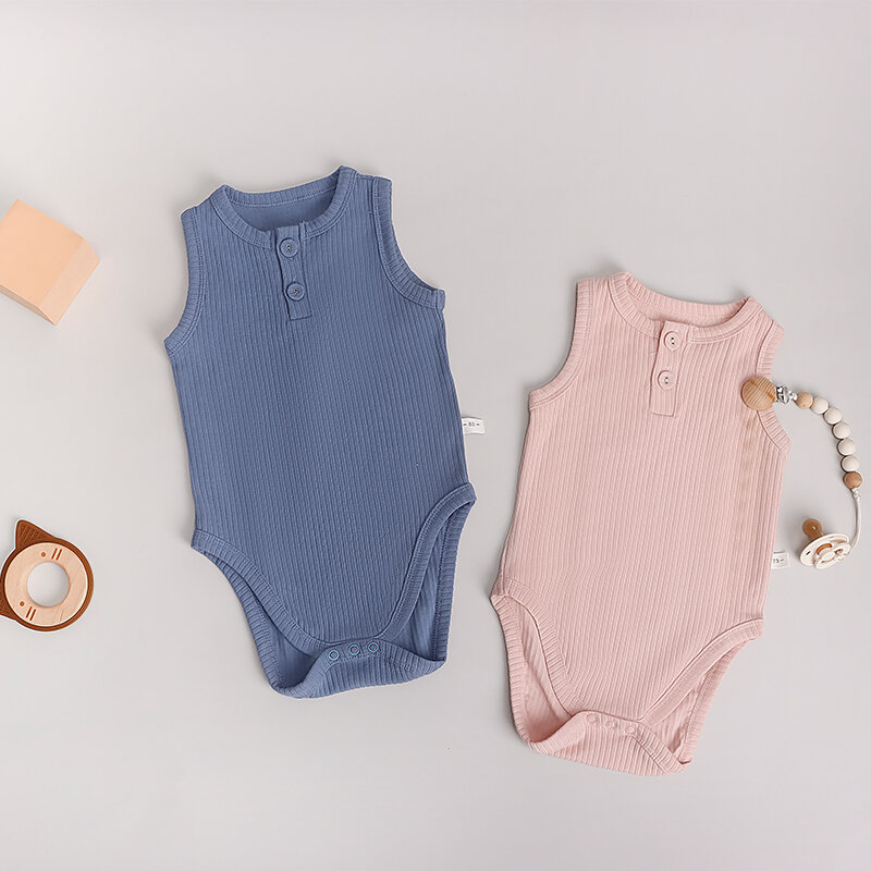 Bodysuit Bayi Warna Solid Modama Jumpsuit Balita Bersirkulasi Lembut Romper Musim Panas Bergaris Katun Pakaian Tanpa Lengan untuk Bayi Baru Lahir
