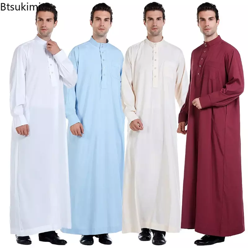 이슬람 중동 남자 긴 소매 라마다 가운 아랍 크루 넥 이슬람 단색 Kaftan Thawb 맥시-이슬람 두바이 롱 아바야