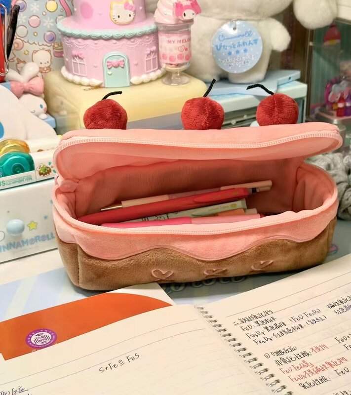 Симпатичная плюшевая сумка для ручек с вишневым тортом, изысканное хранилище, большая емкость, усовершенствованная Студенческая канцелярская сумка, корейские канцелярские принадлежности, пенал