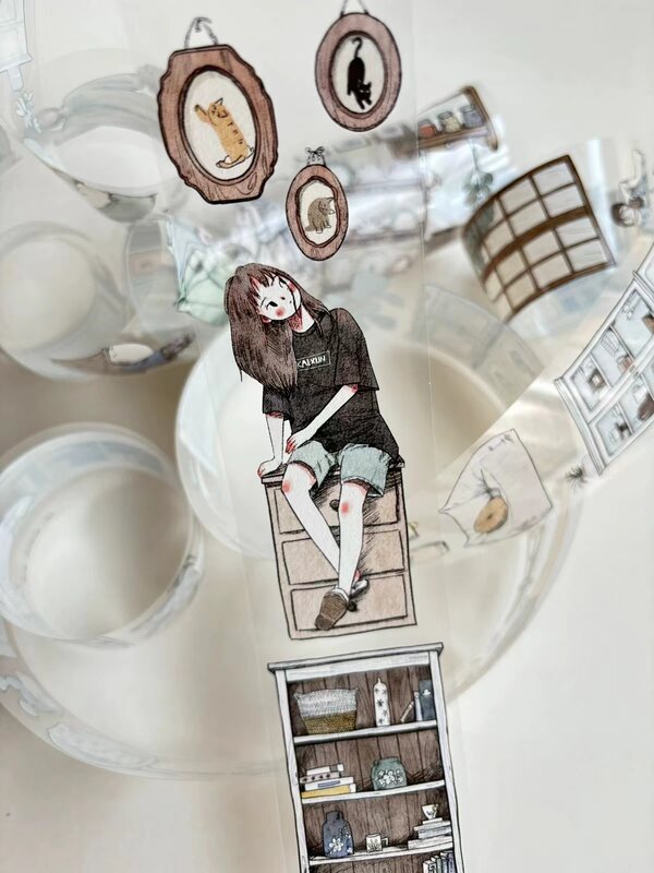 Vintage dom narożnik okna dziewczyna Washi taśma PET do ozdoby do robienia kartek naklejki z planem scrapbookingu