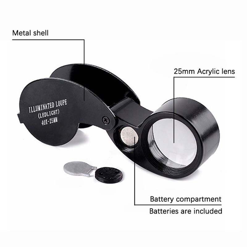 40X-25mm LED Illuminated Jewelers Loupe Magnifier With Light Diamond Eye Magnifying Glass For Jewelry Antiques Coins Stamps