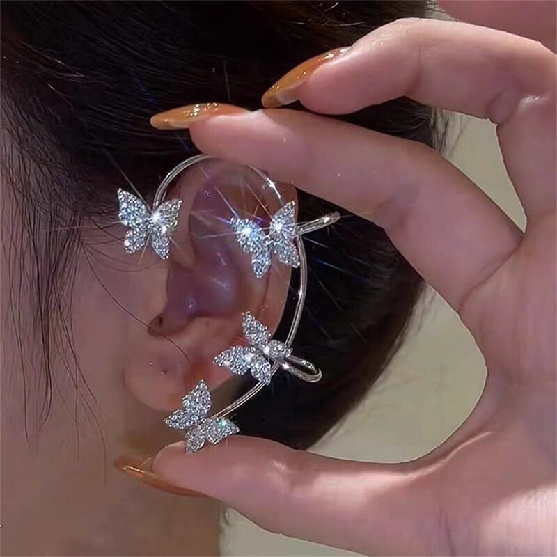 IFMIA Klip Telinga Kupu-kupu Logam Warna Perak Tanpa Tindik untuk Wanita Anting Jepit Telinga Zircon Berkilau Perhiasan Pernikahan