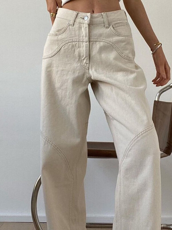 HOUZHOU Bege Jeans Baggy Mulheres Casual Denim Calças Do Vintage Cintura Alta Perna Larga Calças Streetwear Clássico Moda Outono Senhoras