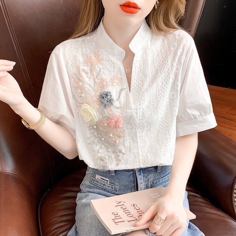 Camisa de lantejoulas bordadas flores de manga curta com decote em v, tops casuais femininos, blusas OL coreanas, luxo, verão, novo, 2022