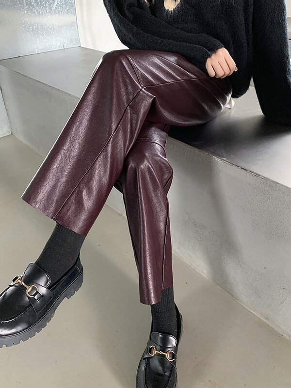 Preto couro do plutônio calças femininas 2022 outono inverno nova cintura alta drapejado calças casuais terno reto