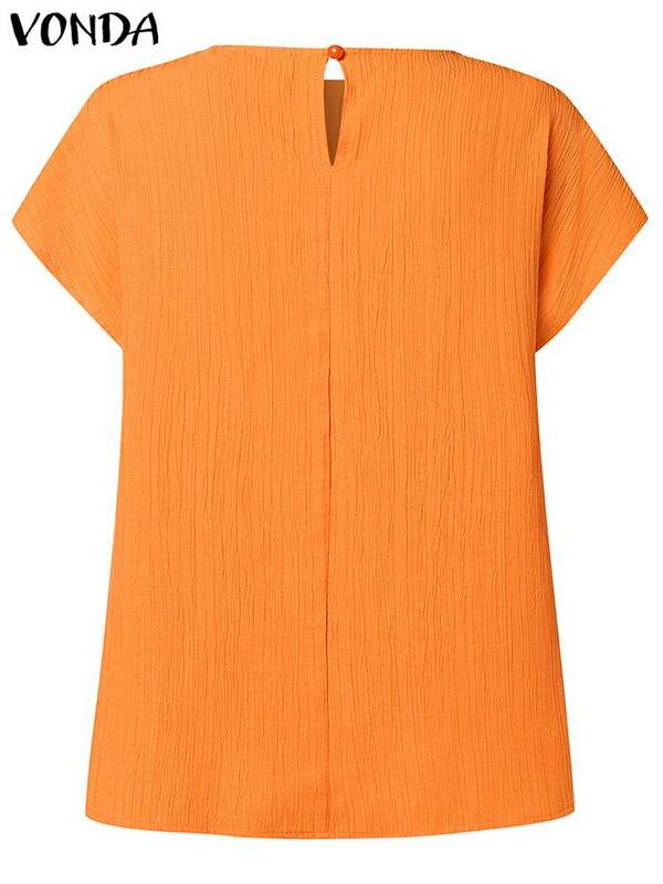 Vonda-Tops de túnica de manga curta feminina, camisas com decote em O, blusas básicas soltas, monocromáticas, moda casual, verão, 2022