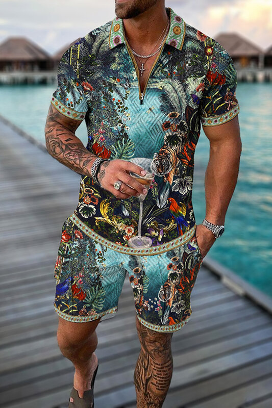 Conjunto de camiseta Polo de verano para hombre, chándal Hawaiano de 2 piezas, traje de negocios informal, moda Trun Down Collar, ropa con cremallera, atuendo Vintage