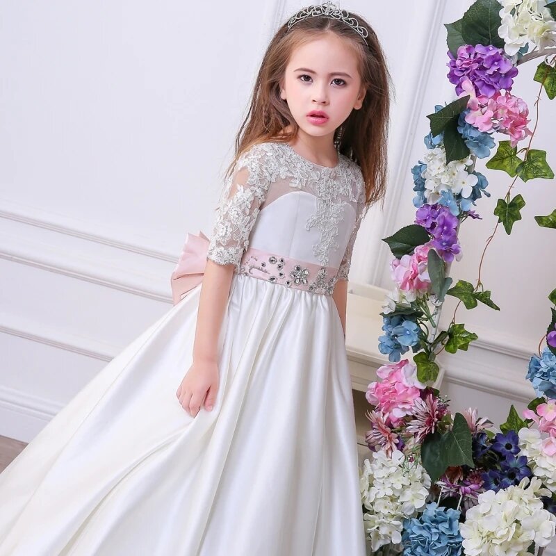 2024 aplikacje koronkowe tiulowa kwiecista sukienka dziewczęca klejnoty z kokardą pas konkurs sukni księżniczki suknia balowa suknia pierwsza komunia