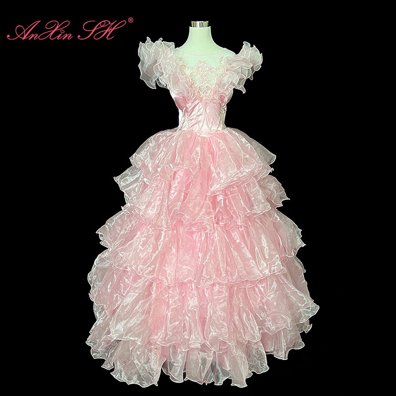 Винтажное розовое кружевное свадебное платье AnXin SH с цветочным кружевом, круглым вырезом, иллюзией, бисером, жемчугом, оборками на рукавах, для невесты, на шнуровке, под старину