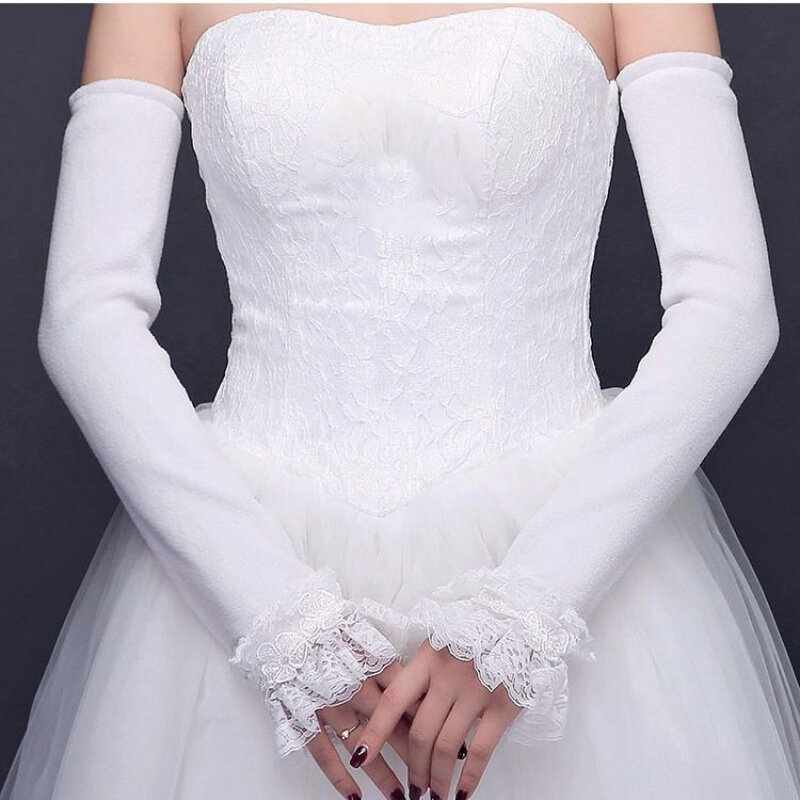 Lace sleeve set wedding gloves 2023 new elongated thin bridal dress glove gauze winter thickened hand sleeves