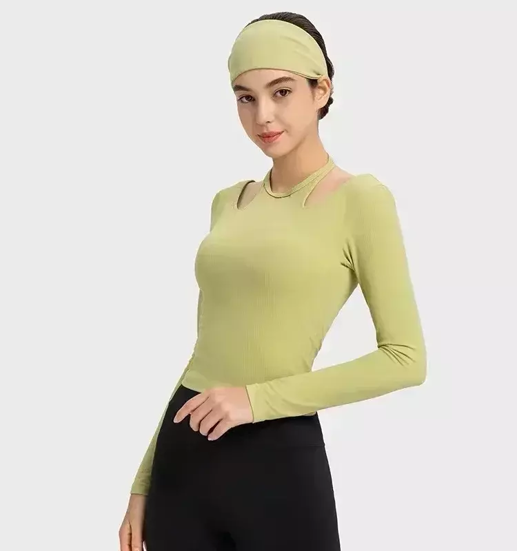Chemise de yoga à manches longues et col licou pour femme, tissu de lit en forme de U, T-shirt de sport de fitness, haut de fitness, citron