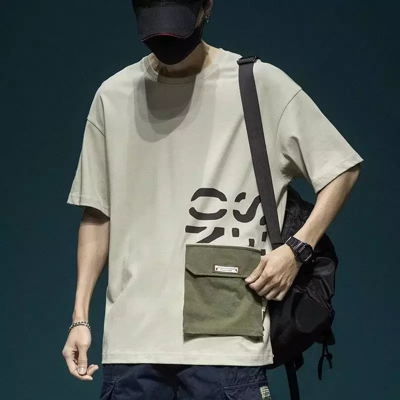 Letnia męska koszulka z krótkim rękawem nadrukowane litery z kieszenią Cargo Casual bawełniana topy z okrągłym dekoltem Y2K Streetwear koszulka Oversized koszule