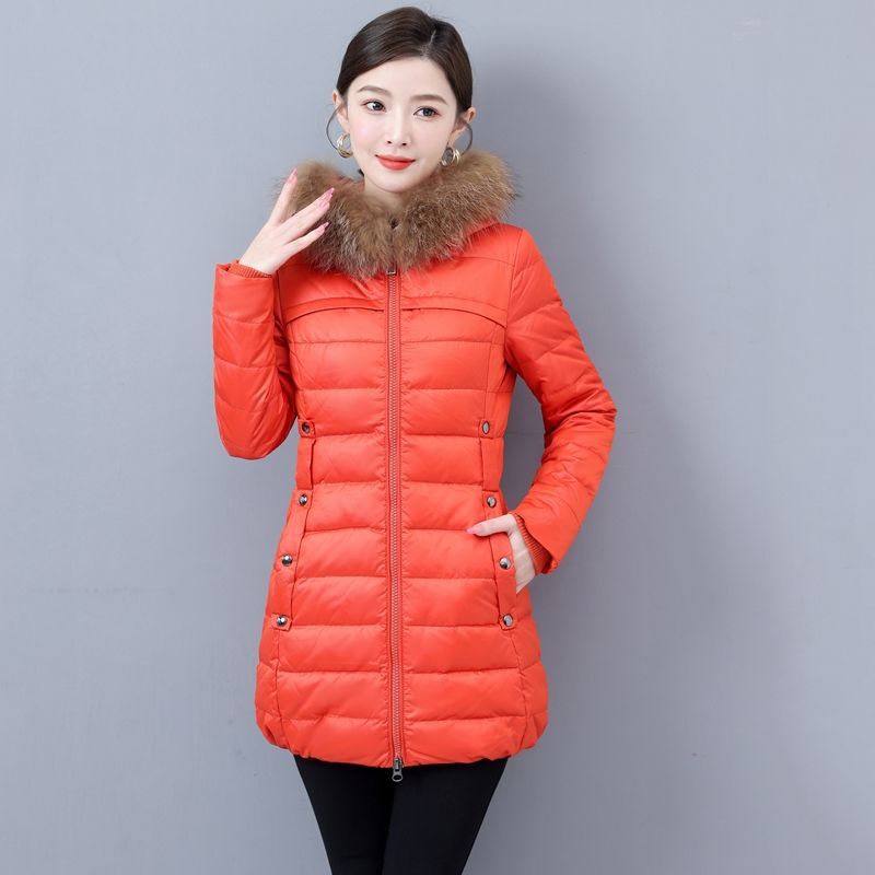 여성용 다운 재킷, 중간 길이 버전 파카, 슬림핏 두껍고 따뜻한 외투, 후드 모피 칼라 오버코트, 겨울 코트, 2023 신상