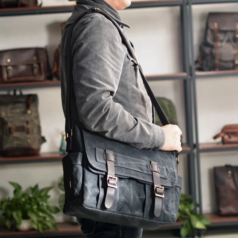 New Wax Canvas Splicing Men's Real-Leather Bag Vintage Men's Single-Shoulder Bag Fashion Computer Messenger Bag for men