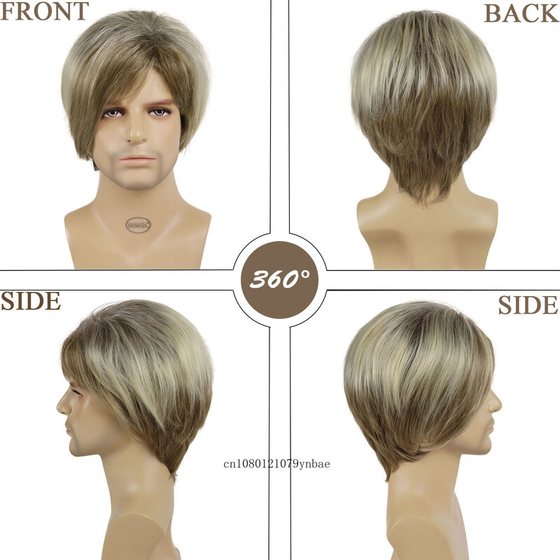 Mens Brown Mix Blonde Wig Synthetic Hair Short Straight Wigs with Side Bangs for Male Natural Daily Cosplay Wear Heat Resistant