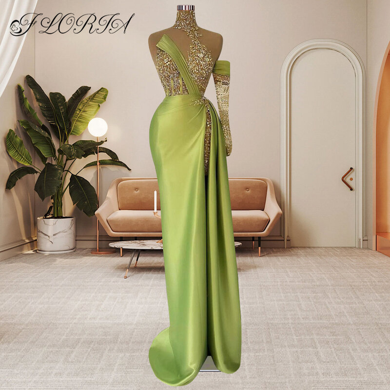 Brilhante fluorescente verde um ombro formal vestido de noite sheer frisado alta fenda cetim sereia maxi vestidos de festa feminina