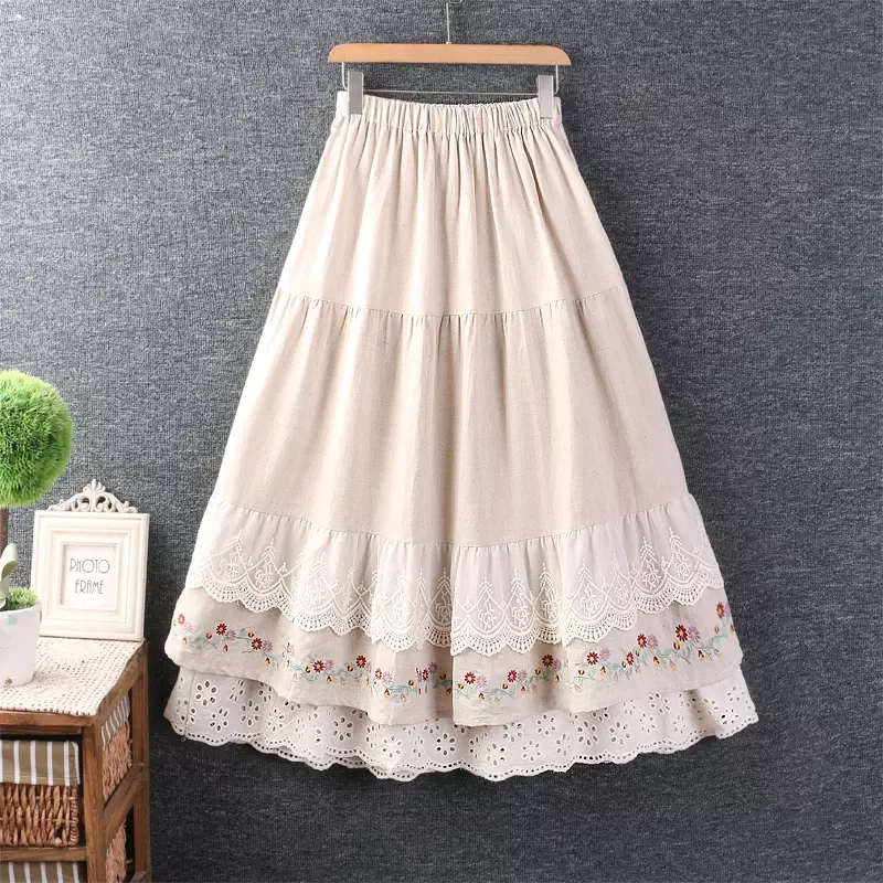 Falda de lino y algodón con bordado Floral para mujer, falda holgada de lino con cintura elástica, estilo japonés Mori, primavera y verano