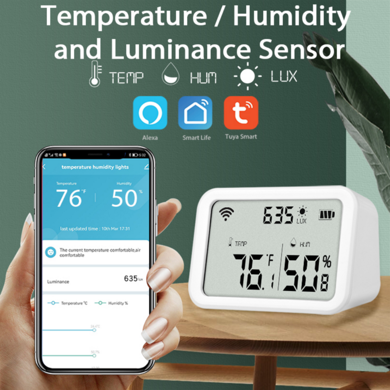 سمارت تويا واي فاي زيجبي استشعار درجة الحرارة الرطوبة لوكس ضوء كاشف داخلي الرطوبة ميزان الحرارة الإنارة لوكس ضوء