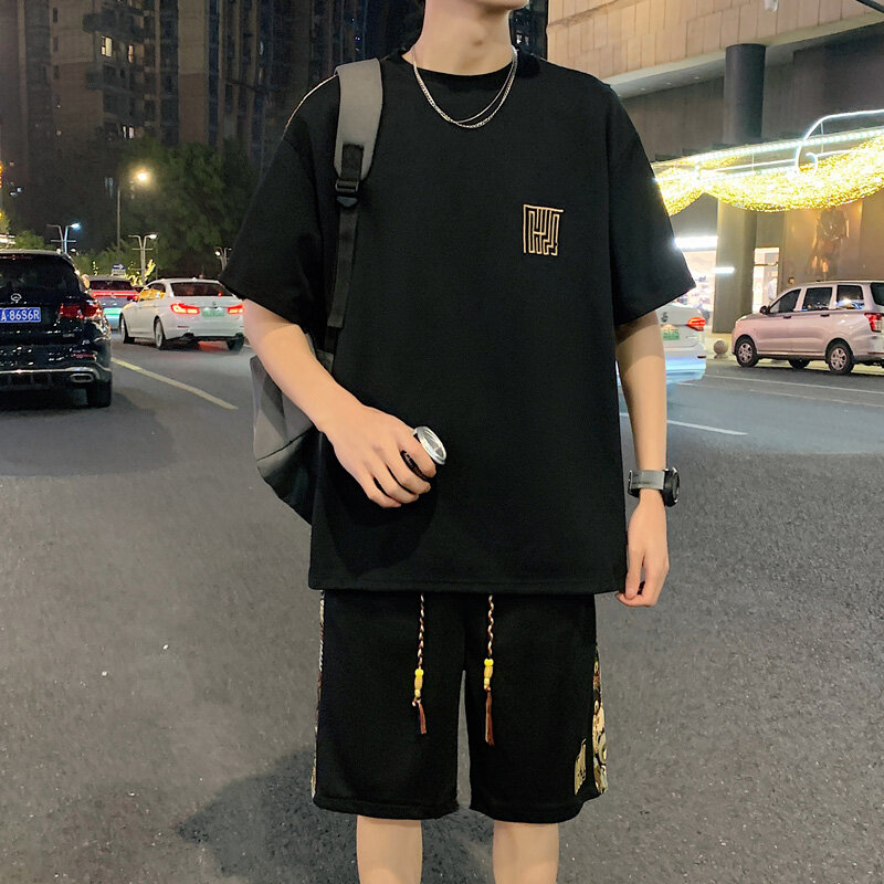 2024 Summer New Men's Sets Fashion Loose Casual Short Sleeved T Shirt+Sports Knee Length Shorts Two-piece Contrasting Embroidery