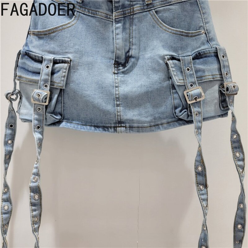 Fagadoer Mode Denim Tasche Cargo Quasten Röcke Frauen hoch taillierte Knopf Miniröcke Retro blau Sommer neue Cowboy Streetwear