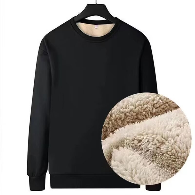 Zimowa męska podszyty polarem bluza Streetwear sweter z okrągłym wycięciem na szyi na co dzień jednolity kolor grube podkoszulki z długim rękawem