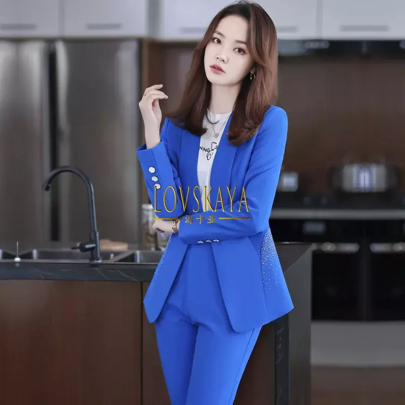 ชุดสูทผู้หญิงสีฟ้าฉบับภาษาเกาหลีสำหรับฤดูใบไม้ร่วงและฤดูหนาว