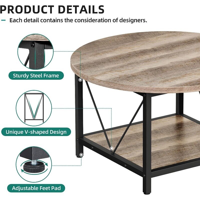 YITAHOME-Table basse ronde en bois rustique avec étagère de rangement, table basse circulaire de ferme moderne pour le salon