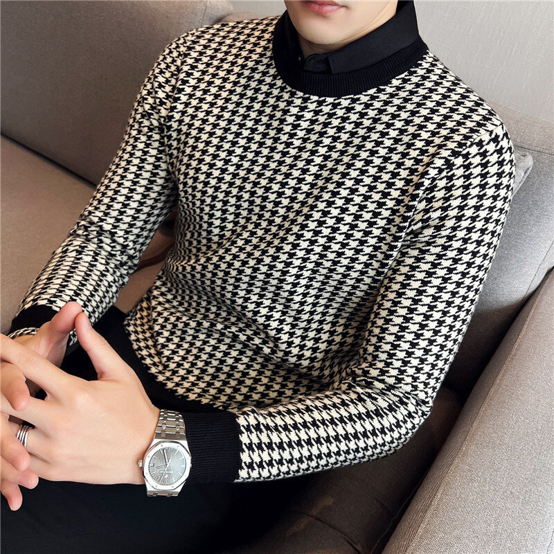 2023 abbigliamento di marca uomo inverno maglione lavorato a maglia termico/maschile Slim Fit colletto della camicia di alta qualità falso Pullover a due pezzi felpe